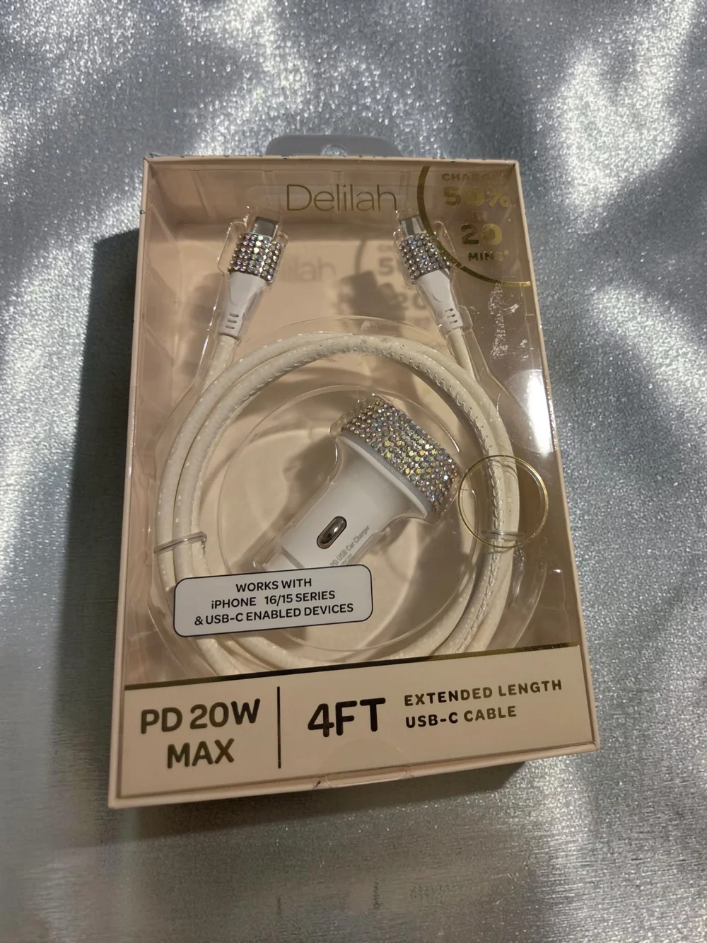 Elila White USB-C to Lightning Cable and Car Charger with Crystal Accents
